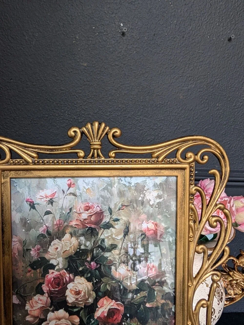 Vintage Ornate Gold Cast Metal Photo Frame w/ VTG style Still Floral Art Print 9